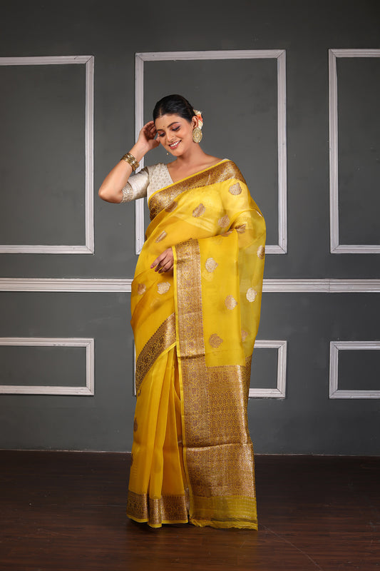 Yellow Pure Organza Silk Banarasi Handloom Saree with Zari work