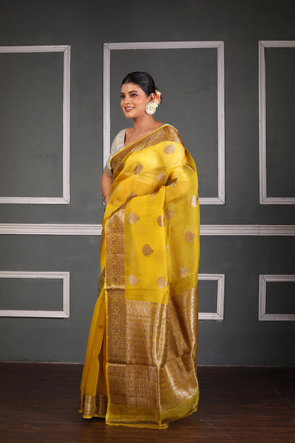Yellow Pure Organza Silk Banarasi Handloom Saree with Zari work