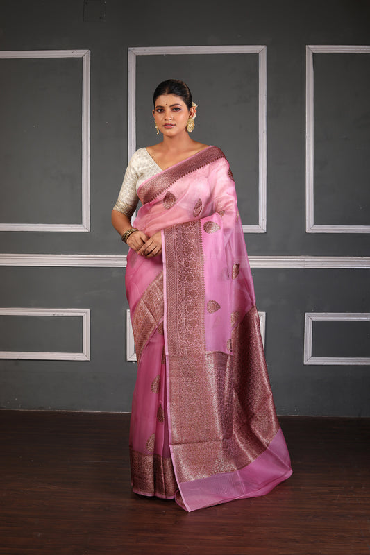 Pink Pure Organza Silk Banarasi Handloom Saree with Zari work