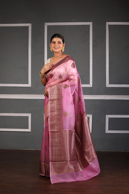 Pink Pure Organza Silk Banarasi Handloom Saree with Zari work