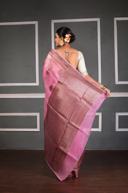 Pink Pure Organza Silk Banarasi Handloom Saree with Zari work