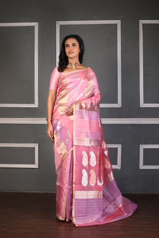 Pink Pure Tissue Silk Banarasi Handloom Saree with Zari work