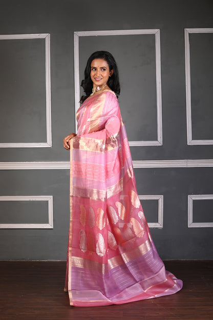 Pink Pure Tissue Silk Banarasi Handloom Saree with Zari work