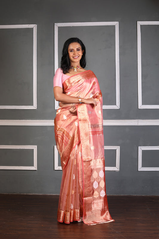 Pink Pure Tissue Silk Banarasi Handloom Saree with Zari work