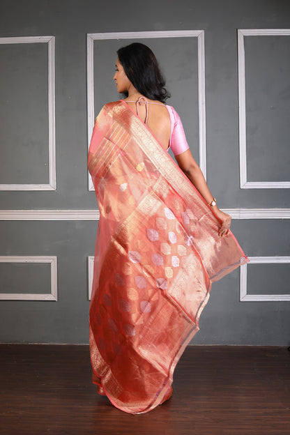 Pink Pure Tissue Silk Banarasi Handloom Saree with Zari work