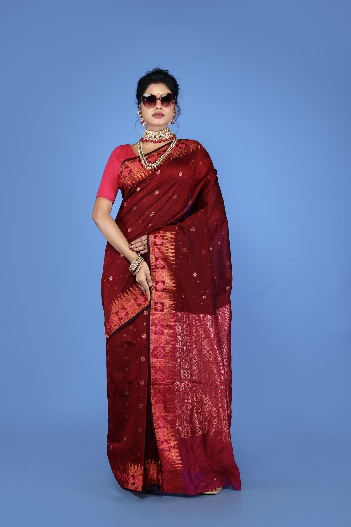 Maroon Viscose cotton Banarasi Saree