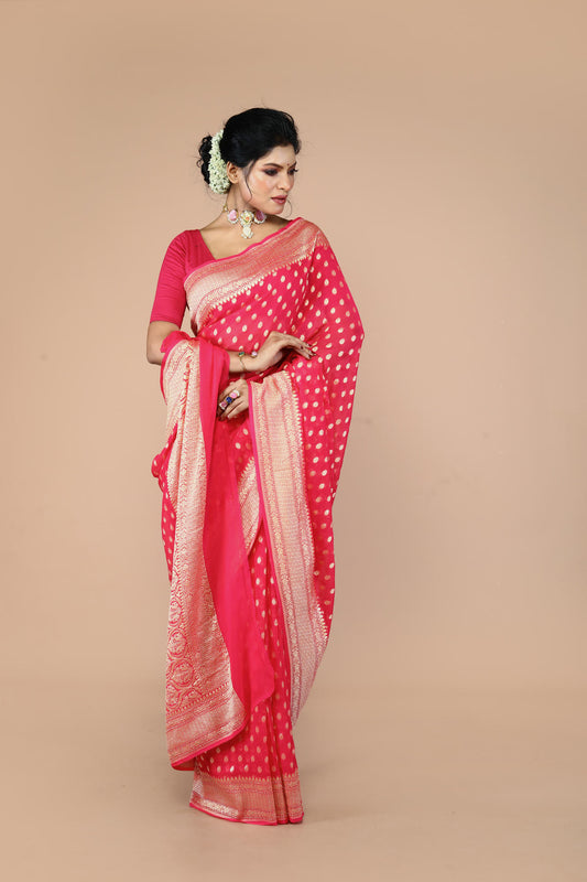 Pink Pure Chiffon Silk Khaddi Georgette Banarasi Handloom Saree with Zari work