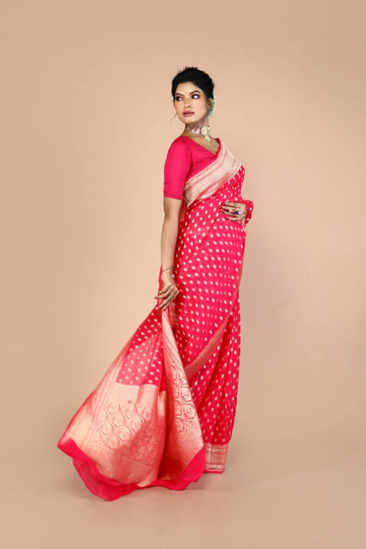 Pink Pure Chiffon Silk Khaddi Georgette Banarasi Handloom Saree with Zari work