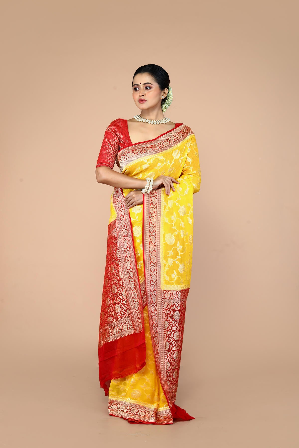 Red Yellow Pure Chiffon Silk Khaddi Georgette Banarasi Handloom Saree with Zari work