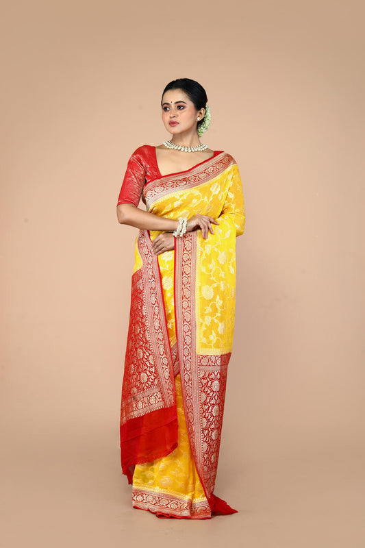 Red Yellow Pure Chiffon Silk Khaddi Georgette Banarasi Handloom Saree with Zari work