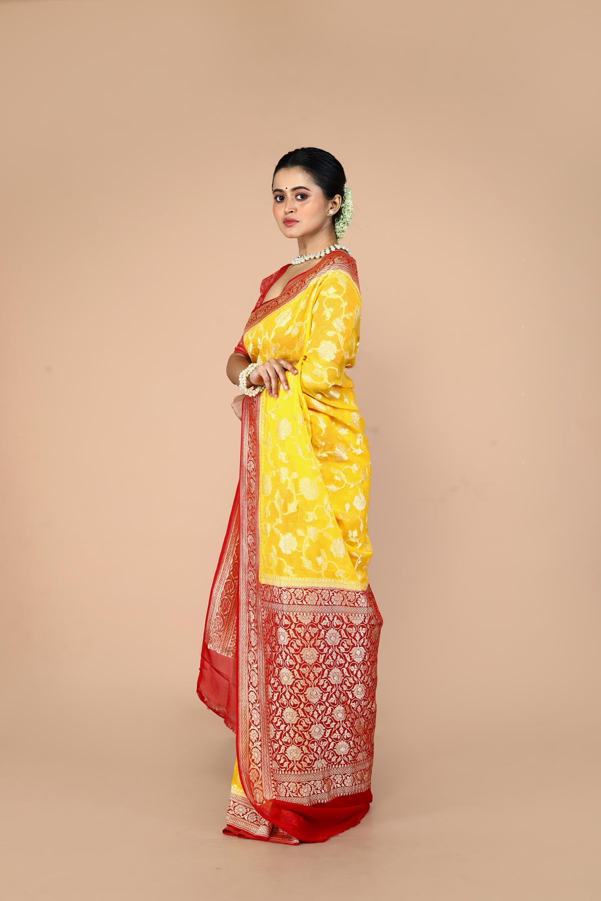 Red Yellow Pure Chiffon Silk Khaddi Georgette Banarasi Handloom Saree with Zari work