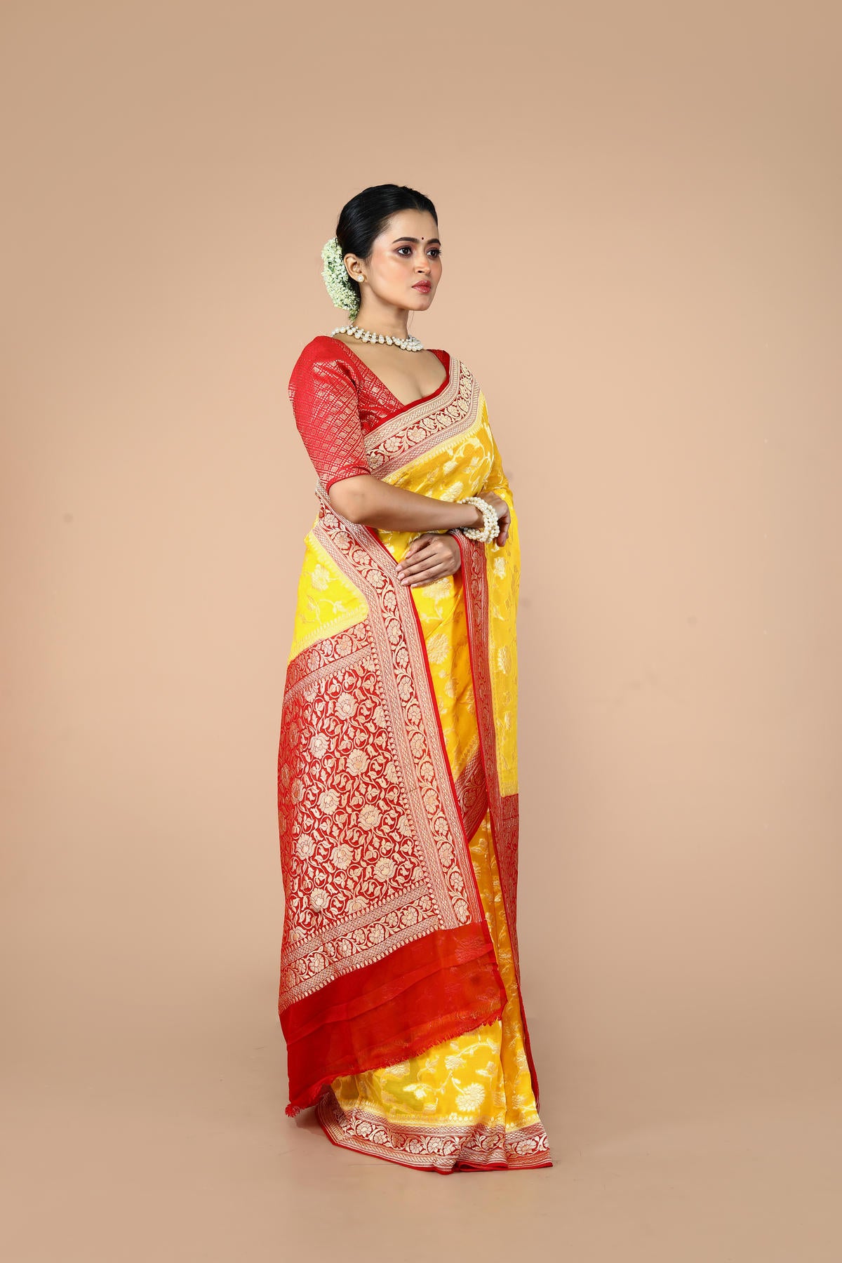 Red Yellow Pure Chiffon Silk Khaddi Georgette Banarasi Handloom Saree with Zari work