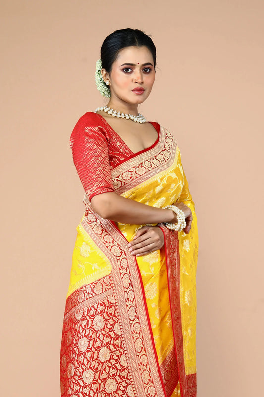 Red Yellow Pure Chiffon Silk Khaddi Georgette Banarasi Handloom Saree with Zari work