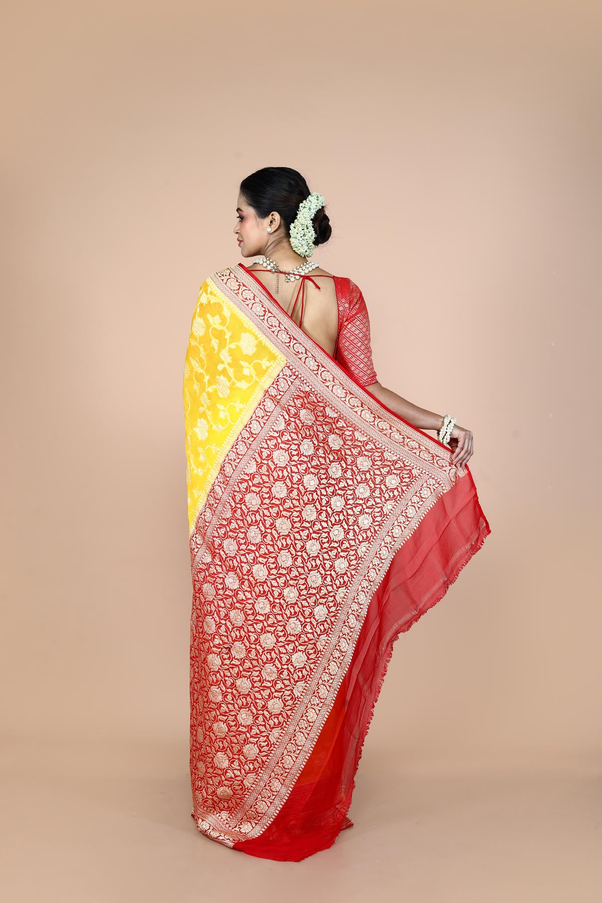 Red Yellow Pure Chiffon Silk Khaddi Georgette Banarasi Handloom Saree with Zari work