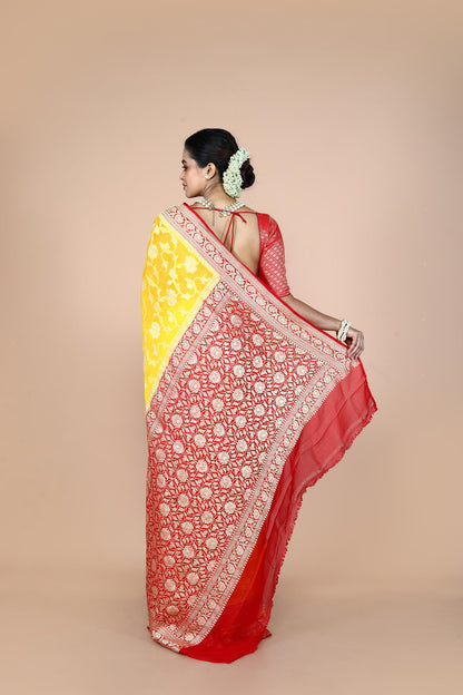 Red Yellow Pure Chiffon Silk Khaddi Georgette Banarasi Handloom Saree with Zari work