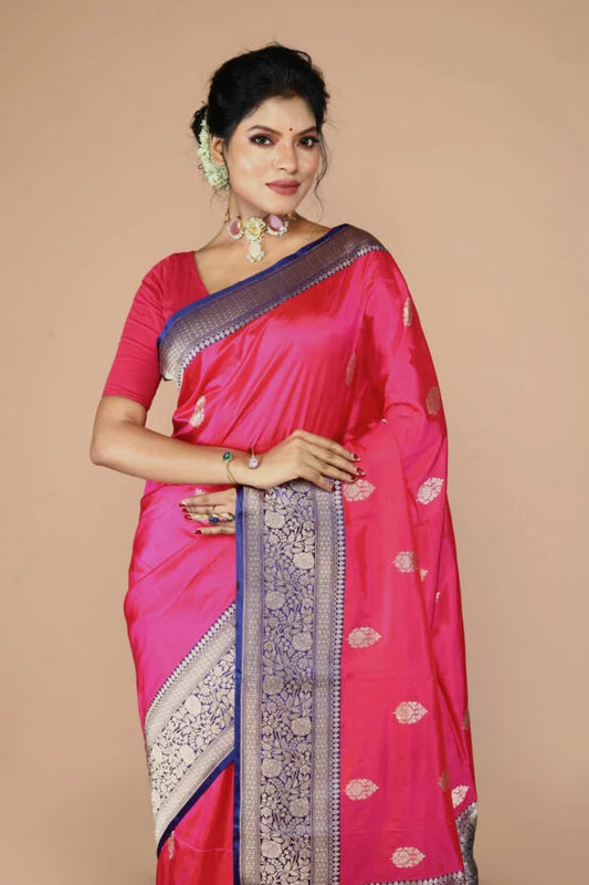 Pink-Navy Blue Pure Katan Silk Banarasi Handloom Saree with Zari work