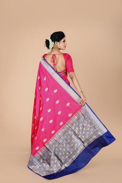 Pink-Navy Blue Pure Katan Silk Banarasi Handloom Saree with Zari work