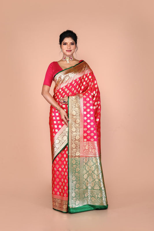 Green-Pink Banarasi Semi-Silk Saree with Zari work