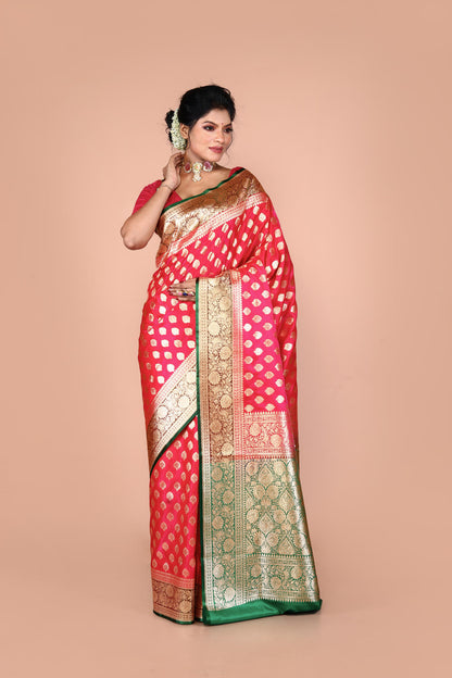 Green-Pink Banarasi Semi-Silk Saree with Zari work