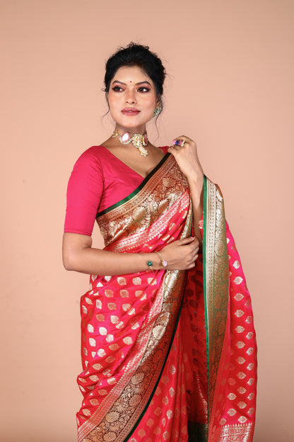 Green-Pink Banarasi Semi-Silk Saree with Zari work