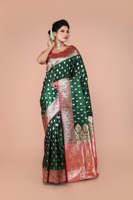 Green-Red Banarasi Semi-Silk Saree with Zari work