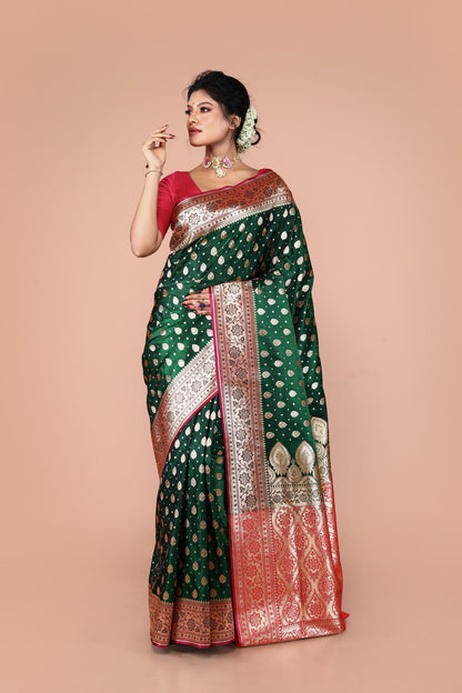 Green-Red Banarasi Semi-Silk Saree with Zari work
