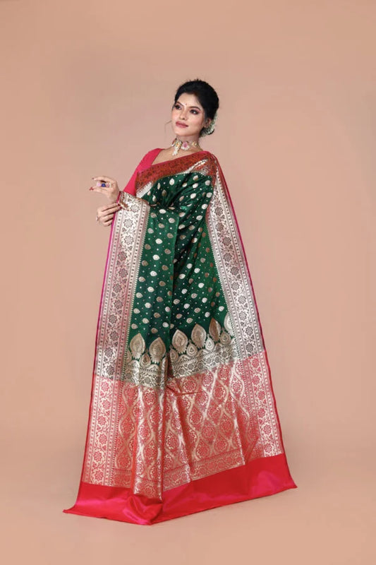 Green-Red Banarasi Semi-Silk Saree with Zari work