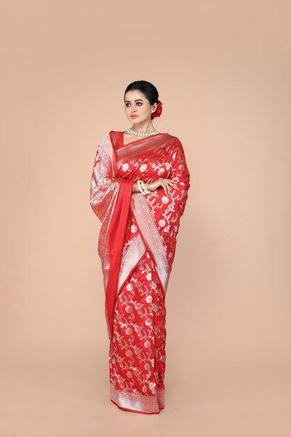 Red Pure Katan Silk Banarasi Handloom Saree with Zari work