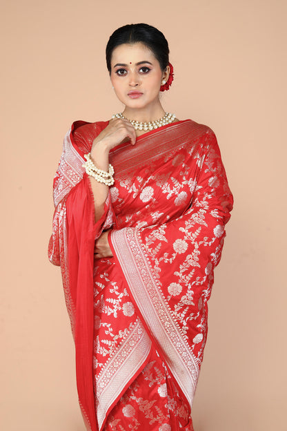Red Pure Katan Silk Banarasi Handloom Saree with Zari work