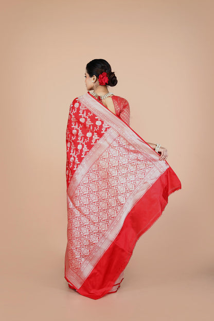 Red Pure Katan Silk Banarasi Handloom Saree with Zari work