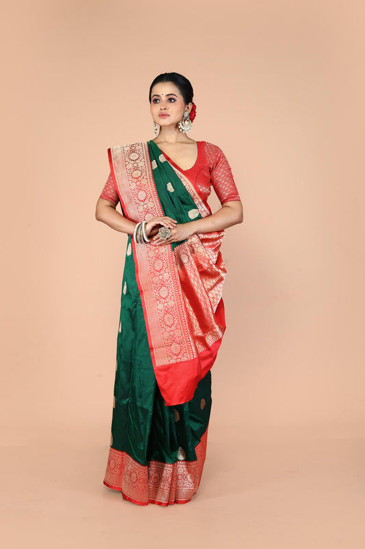 Red Bottle Green Pure Katan Silk Banarasi Handloom Saree with Zari work