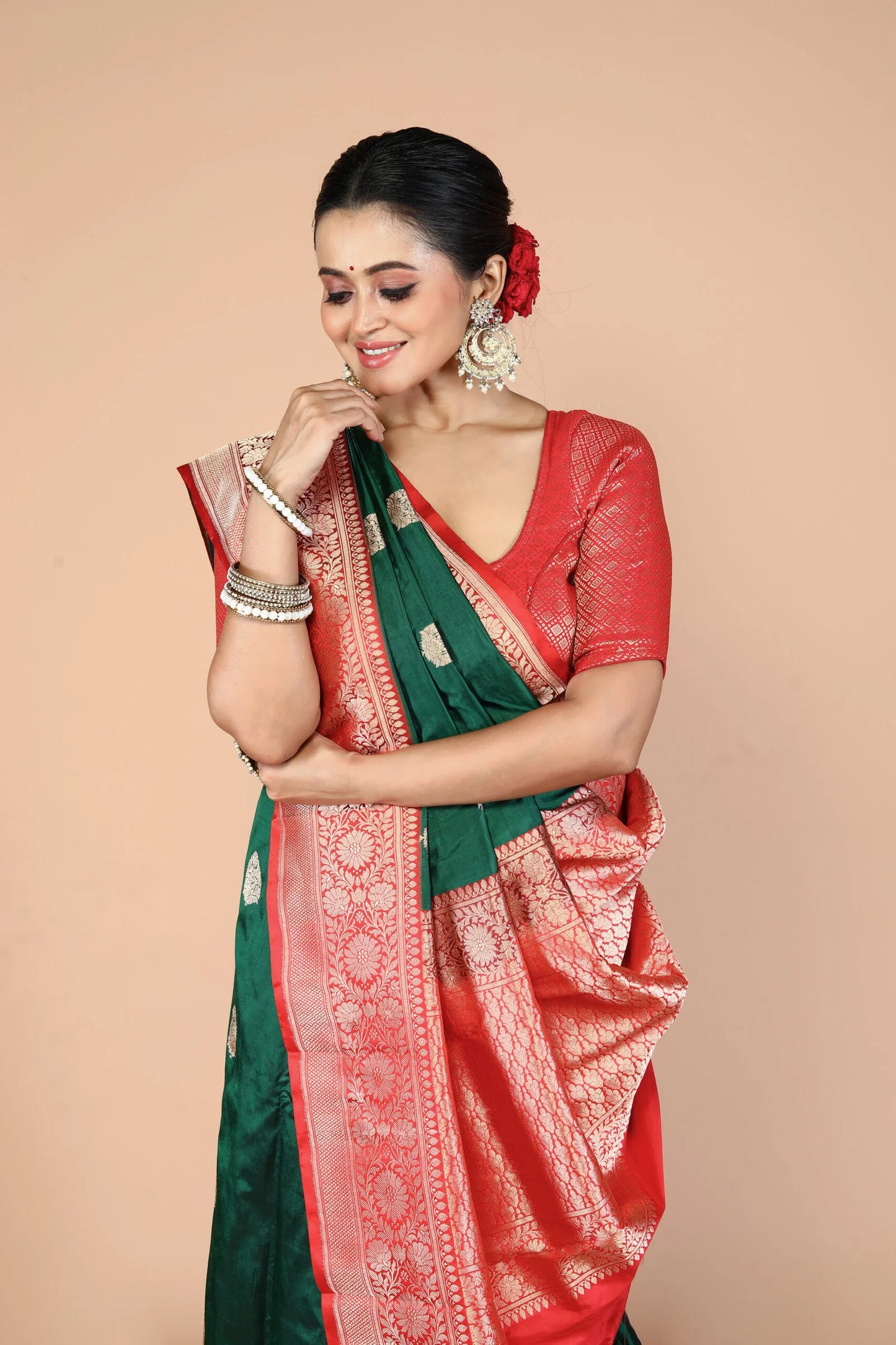 Bottle Green-Red Pure Katan Silk Banarasi Handloom Saree with Zari work