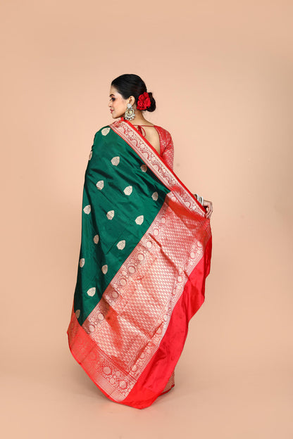 Red Bottle Green Pure Katan Silk Banarasi Handloom Saree with Zari work