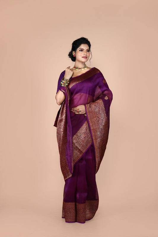 Magenta Pure Organza Silk Banarasi Handloom Saree with Zari work