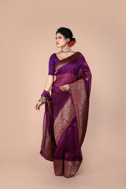 Magenta Pure Organza Silk Banarasi Handloom Saree with Zari work