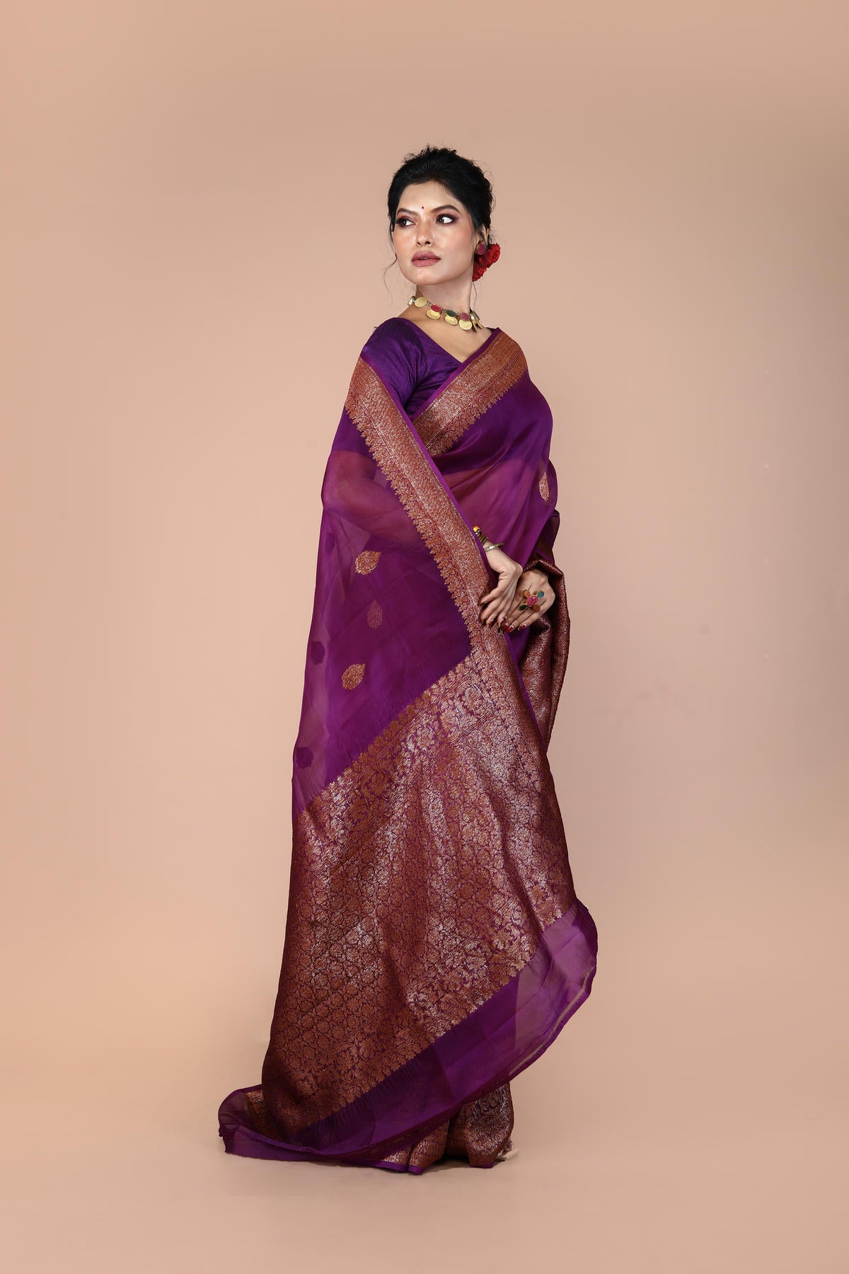 Magenta Pure Organza Silk Banarasi Handloom Saree with Zari work