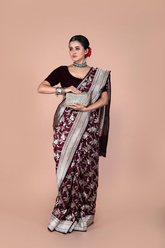 Maroon Pure Katan Silk Banarasi Handloom Saree with Zari work