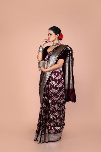 Maroon Pure Katan Silk Banarasi Handloom Saree with Zari work