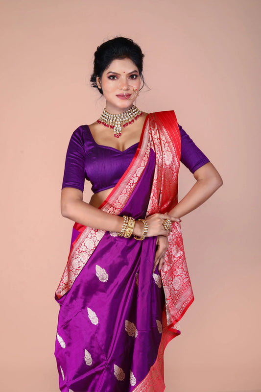 Purple-Red Pure Katan Silk Banarasi Handloom Saree with Zari work
