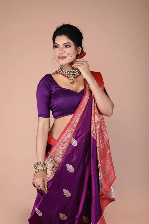Purple-Red Pure Katan Silk Banarasi Handloom Saree with Zari work