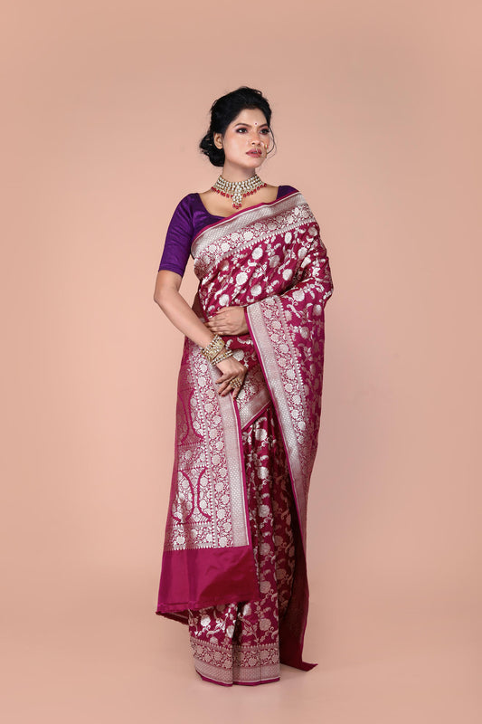 Maroon Pure Katan Silk Banarasi Handloom Saree with Zari work