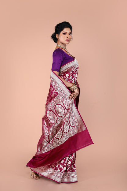 Maroon Pure Katan Silk Banarasi Handloom Saree with Zari work