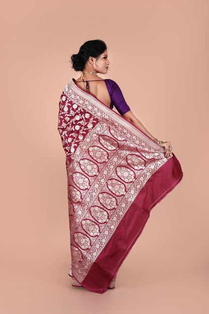 Maroon Pure Katan Silk Banarasi Handloom Saree with Zari work