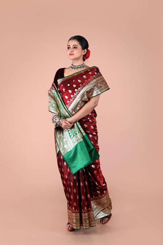 Green-Maroon Banarasi Semi-Silk Saree with Zari work