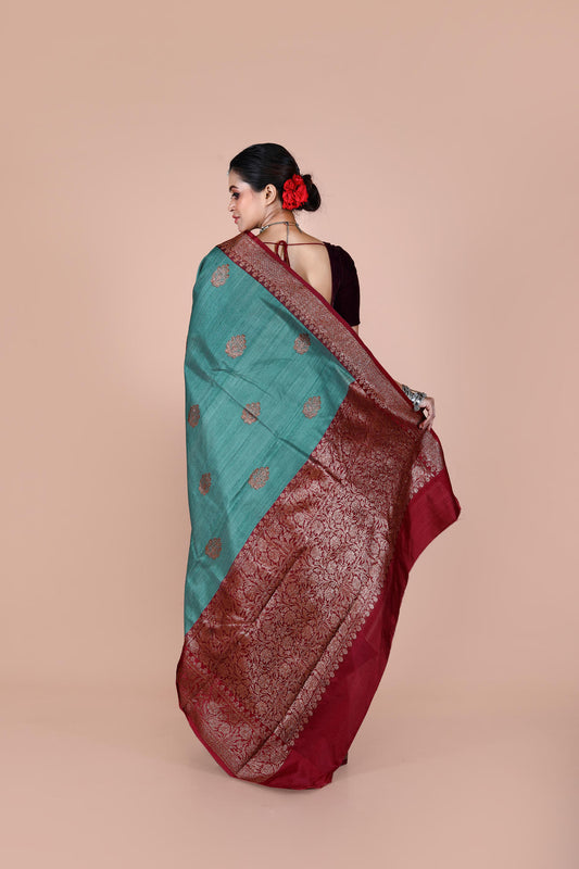 Dual Color Pure Tusser Silk Banarasi Handloom Saree with Zari work