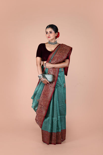 Dual Color Pure Tusser Silk Banarasi Handloom Saree with Zari work