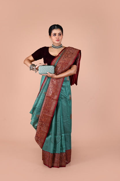 Dual Color Pure Tusser Silk Banarasi Handloom Saree with Zari work
