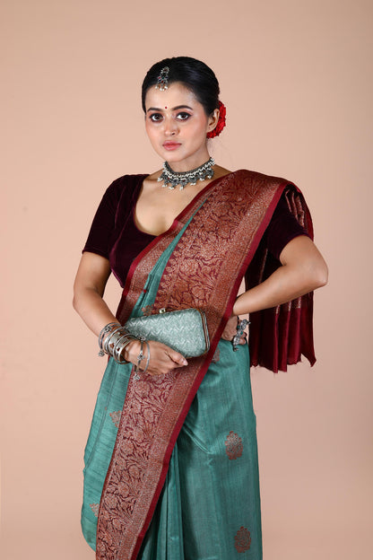 Dual Color Pure Tusser Silk Banarasi Handloom Saree with Zari work