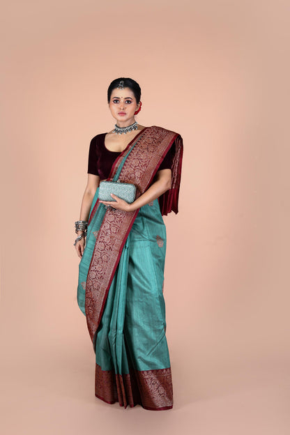 Dual Color Pure Tusser Silk Banarasi Handloom Saree with Zari work