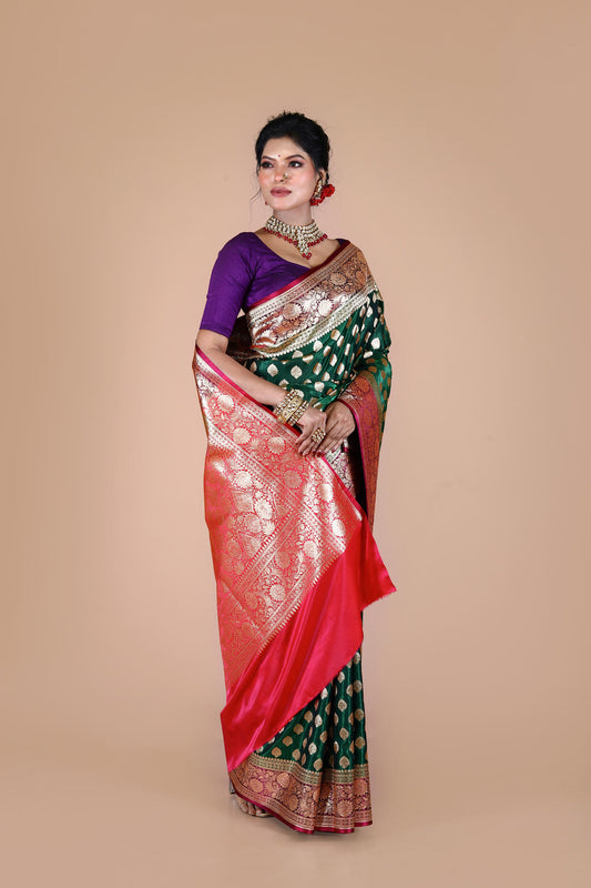 Green-Red Banarasi Semi-Silk Saree with Zari work